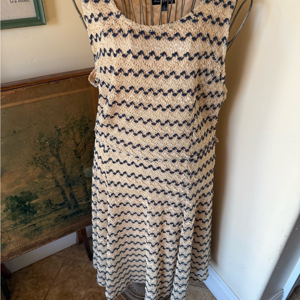 Sharagano Beige and Navy Blue Chevron Patterned Midi Dress